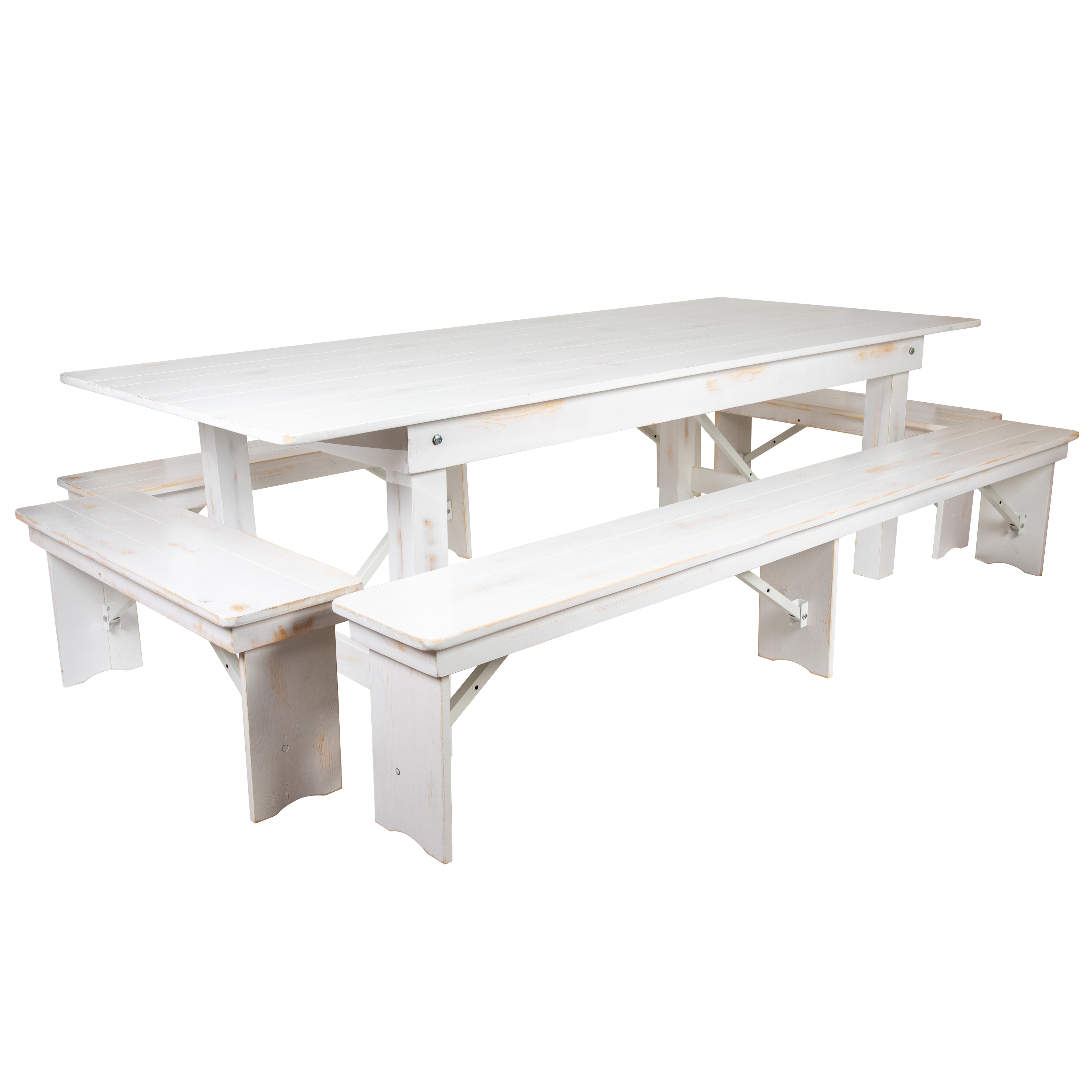 Flash Furniture XA-FARM-5-WH-GG 8' x 40" Antique Rustic White Folding Farmhouse Table with Four Benches Set