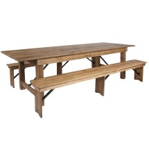 Flash Furniture XA-FARM-6-GG 9' x 40'' Antique Rustic Folding Farmhouse Table with Two Benches Set