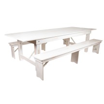 Flash Furniture XA-FARM-6-WH-GG 9' x 40&quot; Antique Rustic White Folding Farmhouse Table with Two Benches Set