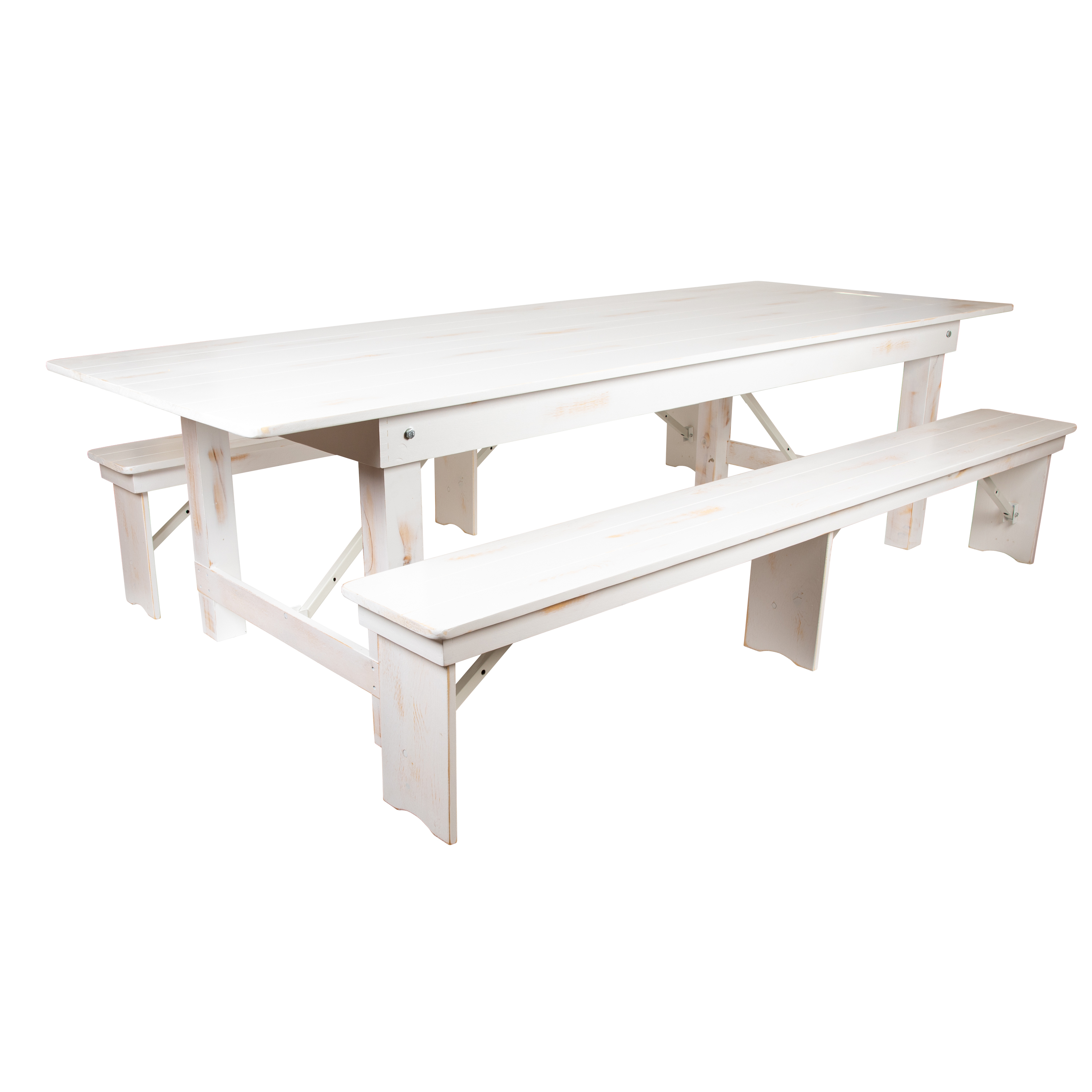 Flash Furniture XA-FARM-6-WH-GG 9' x 40" Antique Rustic White Folding Farmhouse Table with Two Benches Set