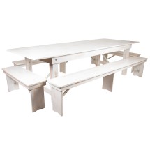 Flash Furniture XA-FARM-7-WH-GG 9' x 40" Antique Rustic White Folding Farmhouse Table and Four Bench Set