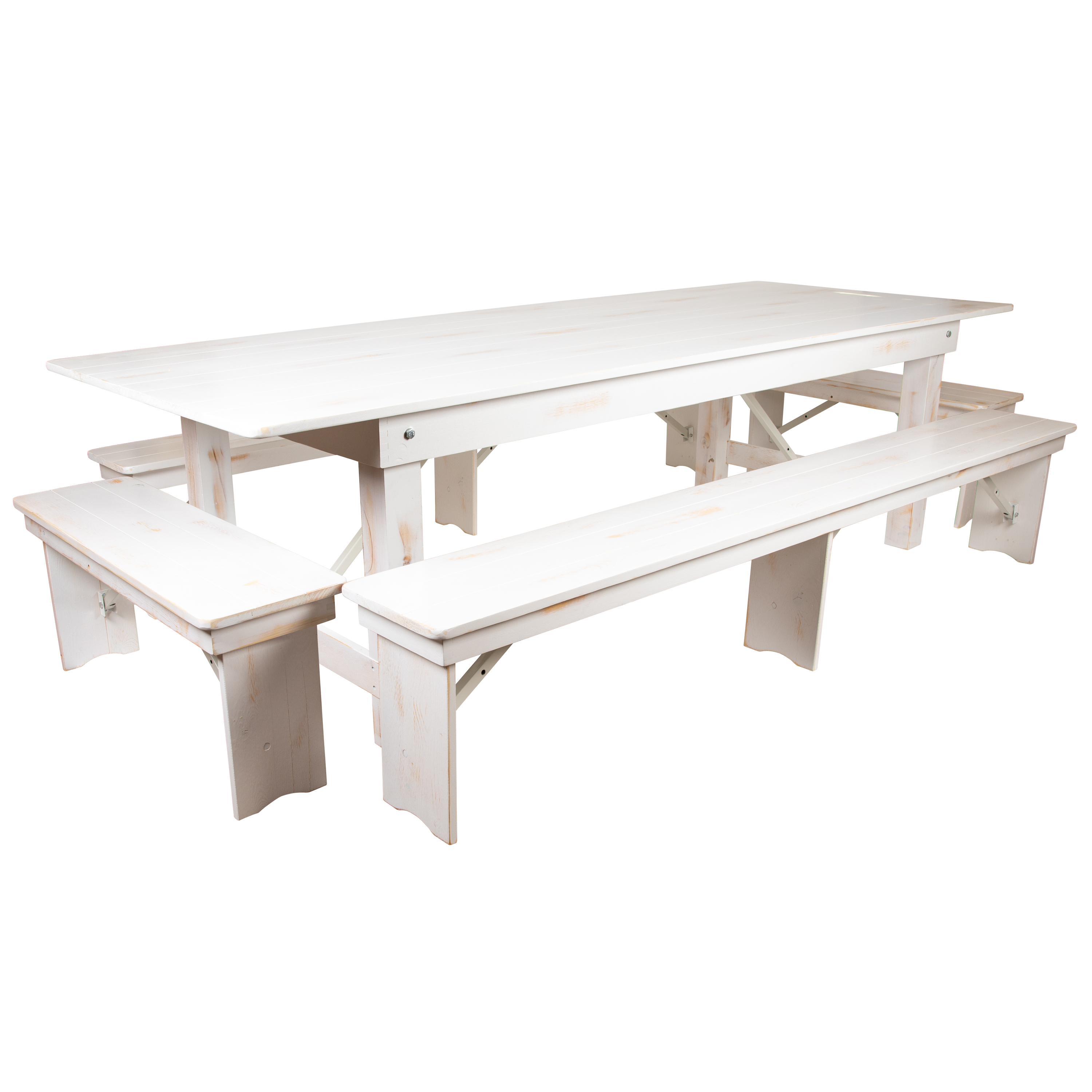Flash Furniture XA-FARM-7-WH-GG 9' x 40" Antique Rustic White Folding Farmhouse Table and Four Bench Set