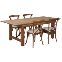 Flash Furniture XA-FARM-8-GG 7' x 40'' Antique Rustic Folding Farmhouse Table Set with 4 Cross Back Chairs and Cushions