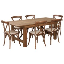 Flash Furniture XA-FARM-9-GG 7' x 40'' Antique Rustic Folding Farmhouse Table Set with 6 Cross Back Chairs and Cushions