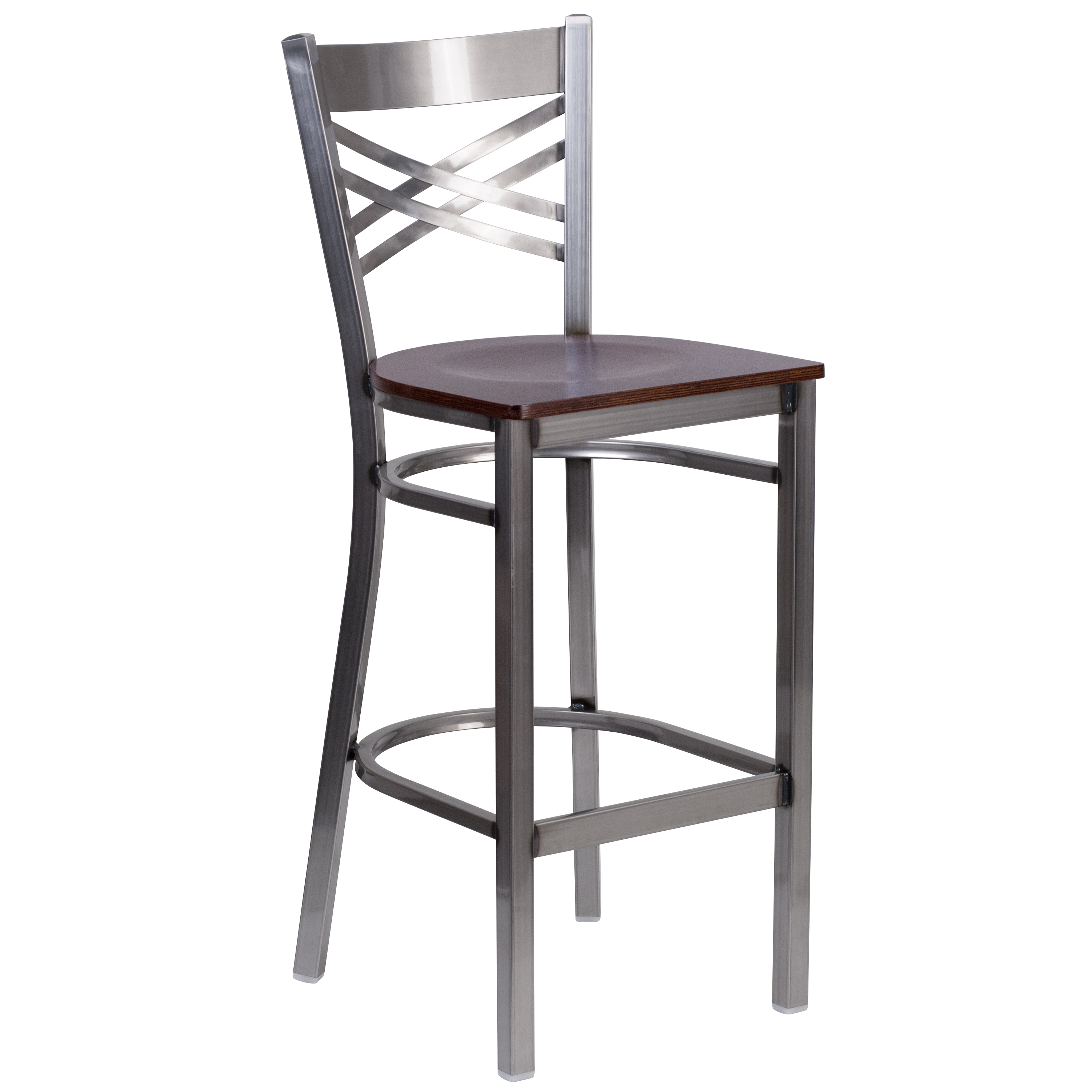 Flash Furniture XU-6F8B-CLR-BAR-WALW-GG Hercules Clear Coated ''X'' Back Metal Restaurant Barstool - Walnut Wood Seat