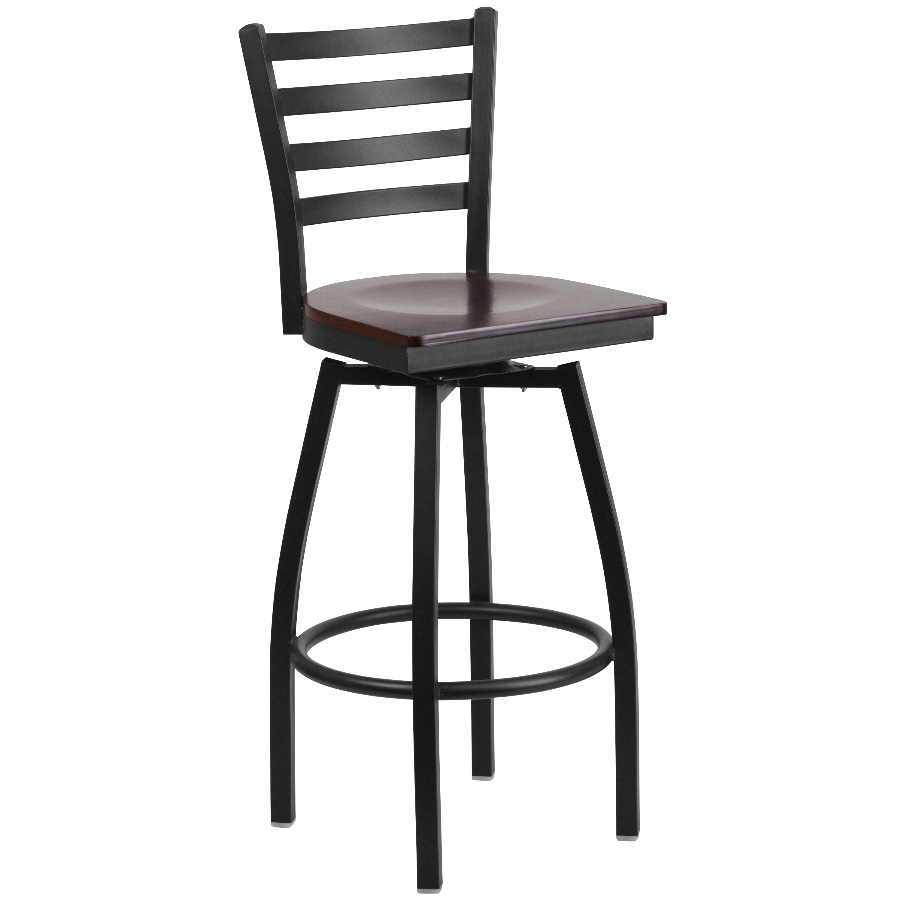 Flash Furniture XU-6F8B-LADSWVL-WALW-GG Hercules Black Ladder Back Swivel Metal Barstool - Walnut Wood Seat