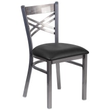 Flash Furniture XU-6FOB-CLR-BLKV-GG Hercules Clear Coated ''X'' Back Metal Restaurant Chair - Black Vinyl Seat