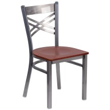 Flash Furniture XU-6FOB-CLR-CHYW-GG Hercules Clear Coated ''X'' Back Metal Restaurant Chair - Cherry Wood Seat
