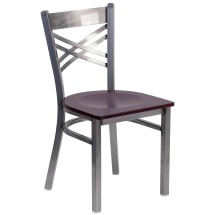 Flash Furniture XU-6FOB-CLR-MAHW-GG Hercules Clear Coated ''X'' Back Metal Restaurant Chair - Mahogany Wood Seat