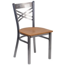 Flash Furniture XU-6FOB-CLR-NATW-GG Hercules Clear Coated ''X'' Back Metal Restaurant Chair - Natural Wood Seat