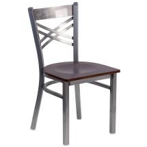 Flash Furniture XU-6FOB-CLR-WALW-GG Hercules Clear Coated ''X'' Back Metal Restaurant Chair - Walnut Wood Seat