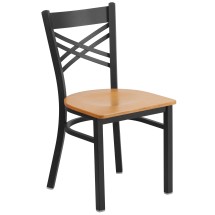 Flash Furniture XU-6FOBXBK-NATW-GG Hercules Black ''X'' Back Metal Restaurant Chair - Natural Wood Seat