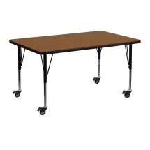 Flash Furniture XU-A2448-REC-OAK-H-P-CAS-GG Mobile 24''W x 48''L Rectangular Oak Laminate Height Adjustable Activity Table, Short Legs