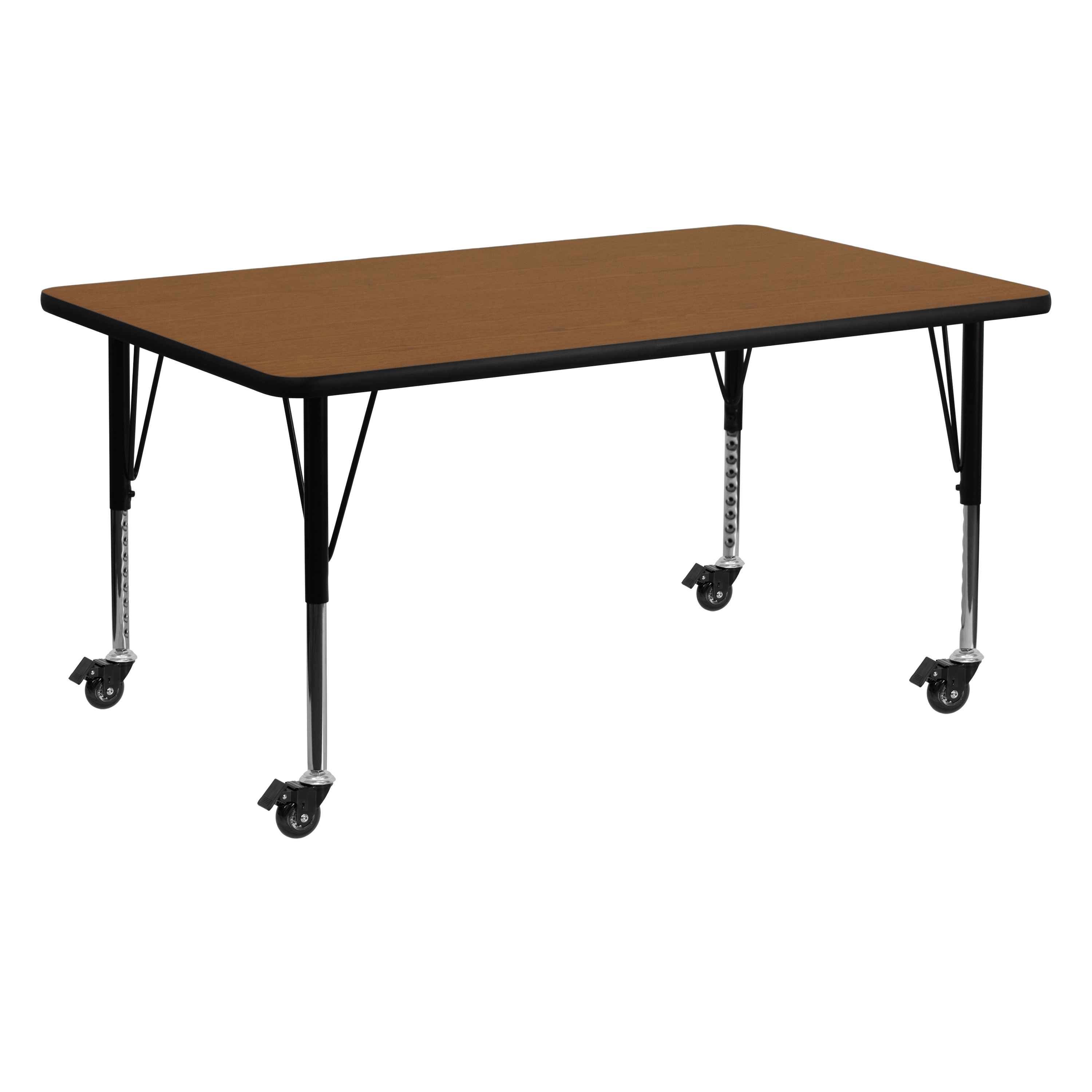 Flash Furniture XU-A2460-REC-OAK-H-P-CAS-GG Mobile 24''W x 60''L Rectangular Oak Laminate Height Adjustable Activity Table, Short Legs