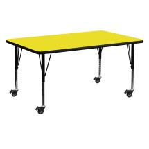 Flash Furniture XU-A2460-REC-YEL-H-P-CAS-GG Mobile 24''W x 60''L Rectangular Yellow Laminate Height Adjustable Activity Table, Short Legs