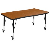 Flash Furniture XU-A3048-CON-OAK-T-P-CAS-GG Mobile 28"W x 47.5"L Rectangle Wave Flexible Collaborative Oak Laminate Height Adjustable Activity Table, Short Legs