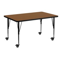Flash Furniture XU-A3048-REC-OAK-H-P-CAS-GG Mobile 30''W x 48''L Rectangular Oak Laminate Height Adjustable Activity Table, Short Legs