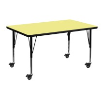 Flash Furniture XU-A3048-REC-YEL-T-P-CAS-GG Mobile 30''W x 48''L Rectangular Yellow Laminate Height Adjustable Activity Table, Short Legs