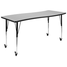 Flash Furniture XU-A3060-CON-GY-T-A-CAS-GG Mobile 26&quot;W x 60&quot;L Rectangle Wave Flexible Collaborative Gray Laminate Height Adjustable Activity Table