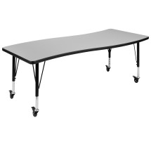 Flash Furniture XU-A3060-CON-GY-T-P-CAS-GG Mobile 26&quot;W x 60&quot;L Rectangle Wave Flexible Collaborative Gray Laminate Height Adjustable Activity Table, Short Legs