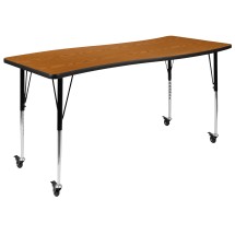 Flash Furniture XU-A3060-CON-OAK-T-A-CAS-GG Mobile 26"W x 60"L Rectangle Wave Flexible Collaborative Oak Laminate Height Adjustable Activity Table
