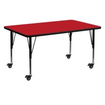 Flash Furniture XU-A3060-REC-RED-H-P-CAS-GG Mobile 30''W x 60''L Rectangular Red Laminate Height Adjustable Activity Table, Short Legs