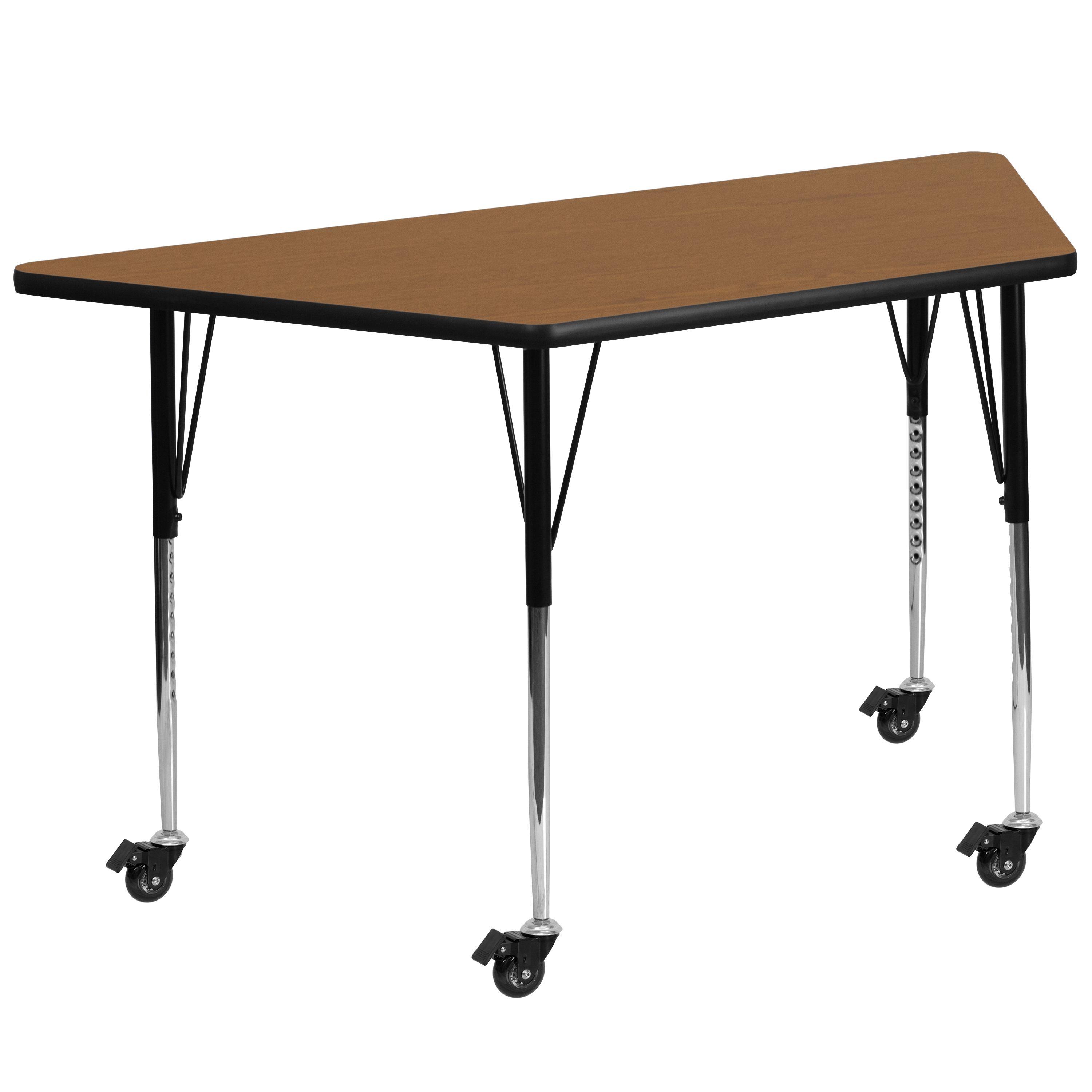 Flash Furniture XU-A3060-TRAP-OAK-T-A-CAS-GG Mobile 29''W x 57''L Trapezoid Oak Laminate Height Adjustable Activity Table