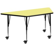 Flash Furniture XU-A3060-TRAP-YEL-T-P-CAS-GG Mobile 29''W x 57''L Trapezoid Yellow Laminate Height Adjustable Activity Table, Short Legs