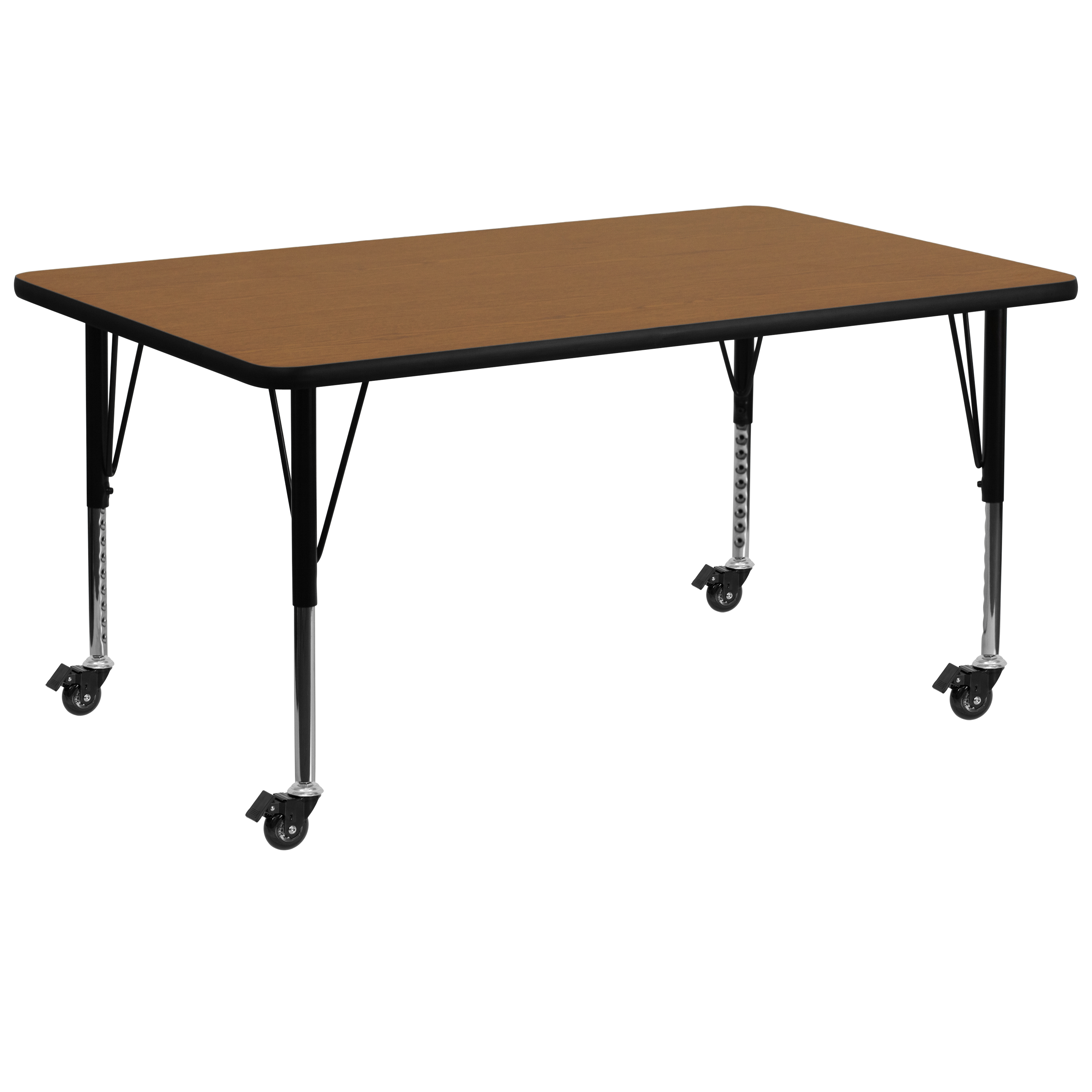 Flash Furniture XU-A3072-REC-OAK-T-P-CAS-GG Mobile 30''W x 72''L Rectangular Oak Laminate Height Adjustable Activity Table, Short Legs