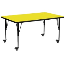 Flash Furniture XU-A3072-REC-YEL-H-P-CAS-GG Mobile 30''W x 72''L Rectangular Yellow Laminate Height Adjustable Activity Table, Short Legs
