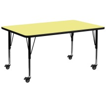 Flash Furniture XU-A3072-REC-YEL-T-P-CAS-GG Mobile 30''W x 72''L Rectangular Yellow Laminate Height Adjustable Activity Table, Short Legs