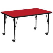 Flash Furniture XU-A3672-REC-RED-H-P-CAS-GG Mobile 36''W x 72''L Rectangular Red Laminate Height Adjustable Activity Table, Short Legs