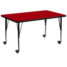 Flash Furniture XU-A3672-REC-RED-T-P-CAS-GG Mobile 36''W x 72''L Rectangular Red Laminate Height Adjustable Activity Table, Short Legs