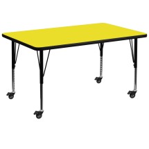 Flash Furniture XU-A3672-REC-YEL-H-P-CAS-GG Mobile 36''W x 72''L Rectangular Yellow Laminate Height Adjustable Activity Table, Short Legs