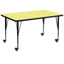 Flash Furniture XU-A3672-REC-YEL-T-P-CAS-GG Mobile 36''W x 72''L Rectangular Yellow Laminate Height Adjustable Activity Table, Short Legs