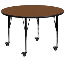 Flash Furniture XU-A42-RND-OAK-H-P-CAS-GG Mobile 42'' Round Oak Laminate Height Adjustable Activity Table, Short Legs