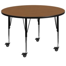 Flash Furniture XU-A42-RND-OAK-T-P-CAS-GG Mobile 42'' Round Oak Laminate Height Adjustable Activity Table, Short Legs