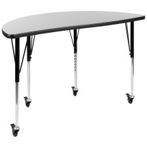 Flash Furniture XU-A48-HCIRC-GY-T-A-CAS-GG Mobile 47.5" Half Circle Wave Flexible Collaborative Gray Laminate Height Adjustable Activity Table