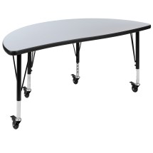 Flash Furniture XU-A48-HCIRC-GY-T-P-CAS-GG Mobile 47.5&quot; Half Circle Wave Flexible Collaborative Gray Laminate Height Adjustable Activity Table, Short Legs
