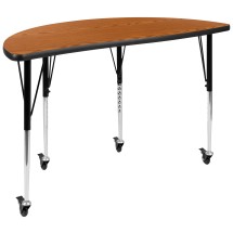 Flash Furniture XU-A48-HCIRC-OAK-T-A-CAS-GG Mobile 47.5" Half Circle Wave Flexible Collaborative Oak Laminate Height Adjustable Activity Table