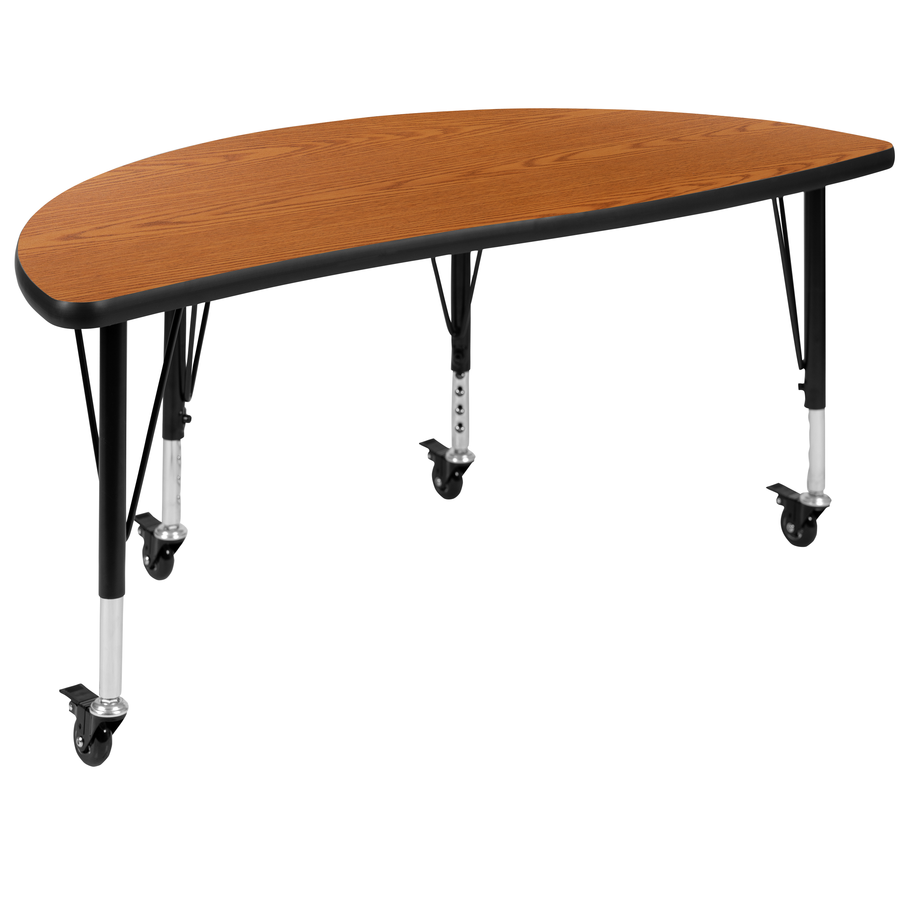 Flash Furniture XU-A48-HCIRC-OAK-T-P-CAS-GG Mobile 47.5" Half Circle Wave Flexible Collaborative Oak Laminate Height Adjustable Activity Table, Short Legs