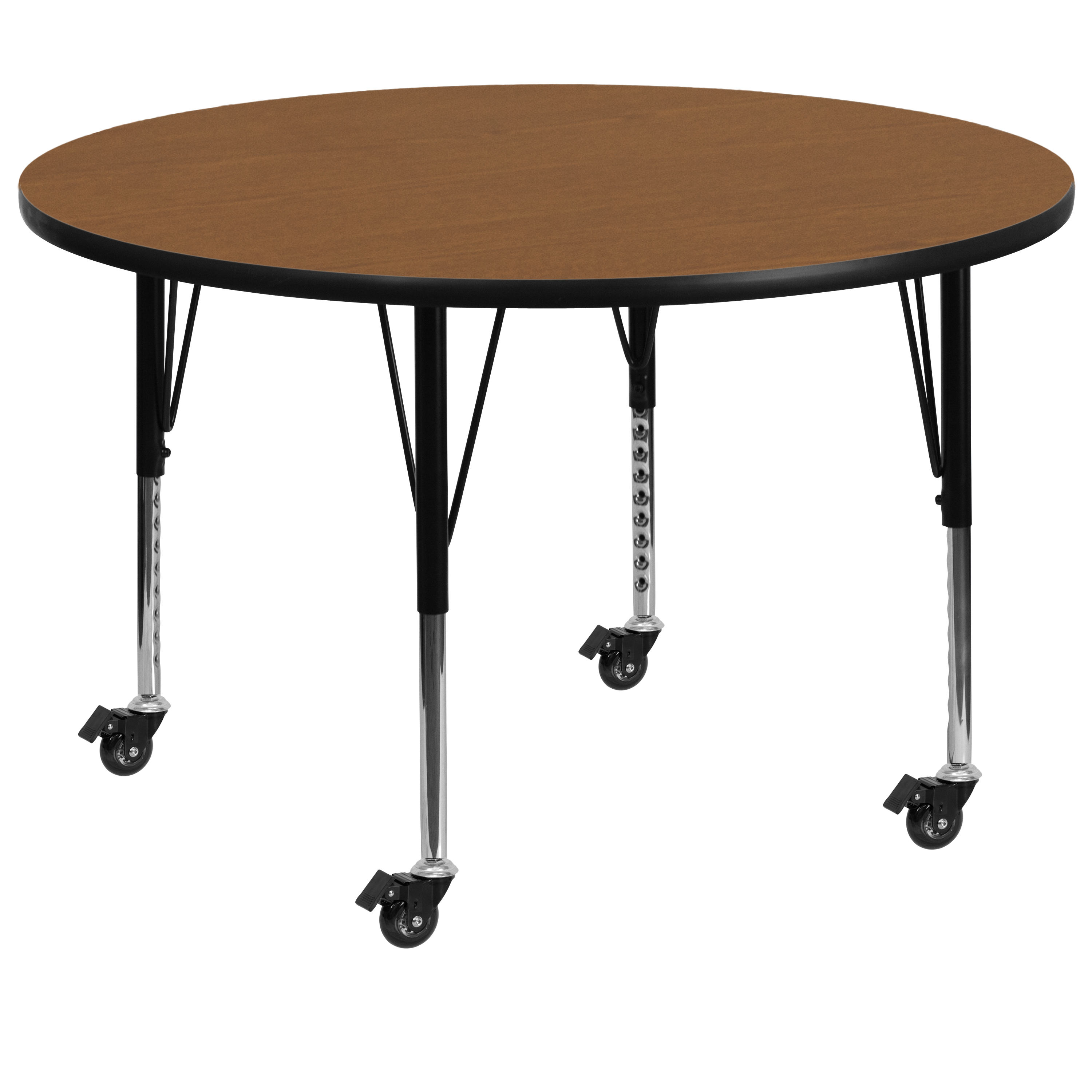 Flash Furniture XU-A48-RND-OAK-T-P-CAS-GG Mobile 48'' Round Oak Laminate Height Adjustable Activity Table, Short Legs