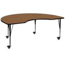 Flash Furniture XU-A4872-KIDNY-OAK-T-P-CAS-GG Mobile 48''W x 72''L Kidney Oak Laminate Height Adjustable Activity Table, Short Legs