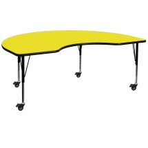 Flash Furniture XU-A4872-KIDNY-YEL-H-P-CAS-GG Mobile 48''W x 72''L Kidney Yellow Laminate Height Adjustable Activity Table, Short Legs