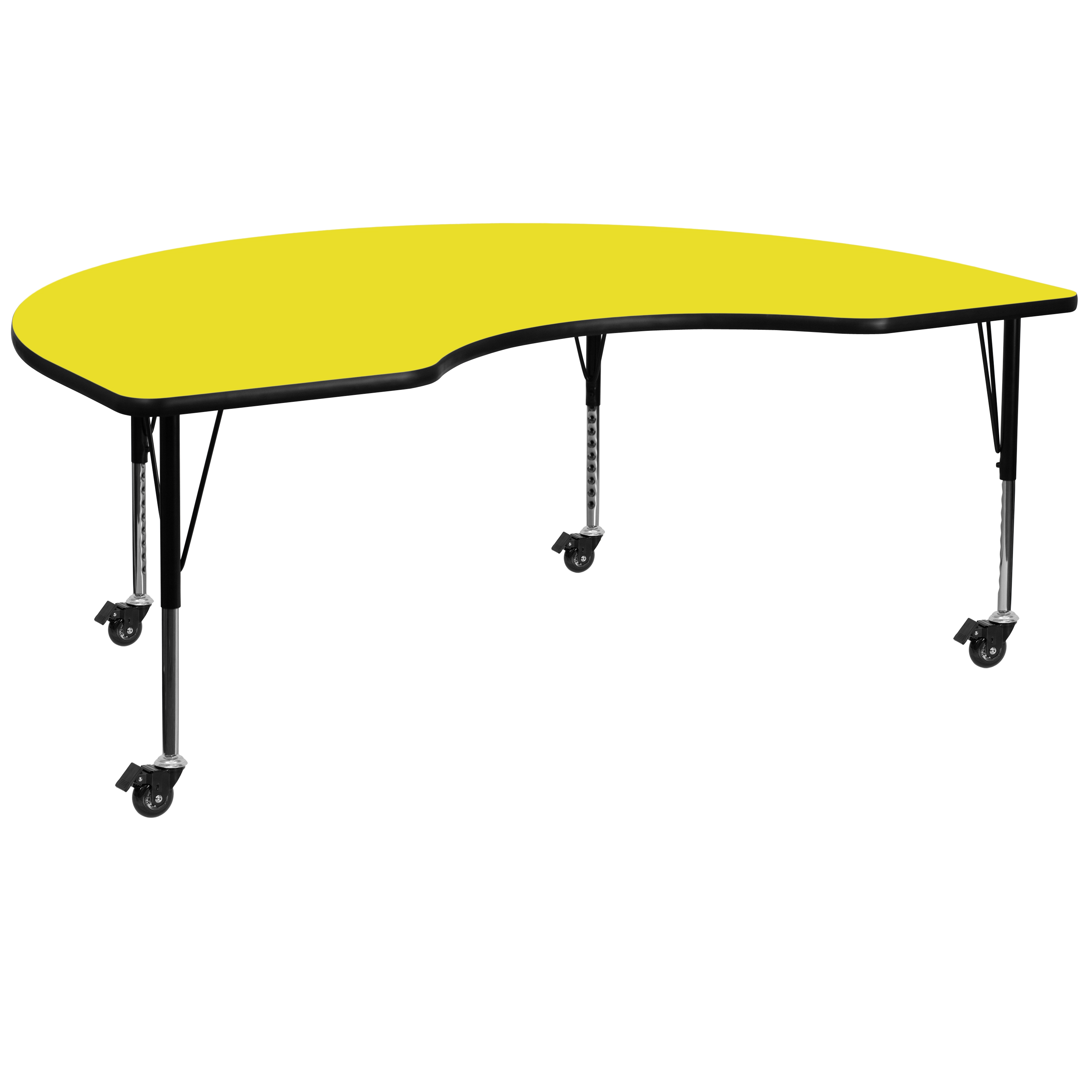 Flash Furniture XU-A4872-KIDNY-YEL-H-P-CAS-GG Mobile 48''W x 72''L Kidney Yellow Laminate Height Adjustable Activity Table, Short Legs