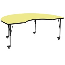 Flash Furniture XU-A4872-KIDNY-YEL-T-P-CAS-GG Mobile 48''W x 72''L Kidney Yellow Laminate Height Adjustable Activity Table, Short Legs