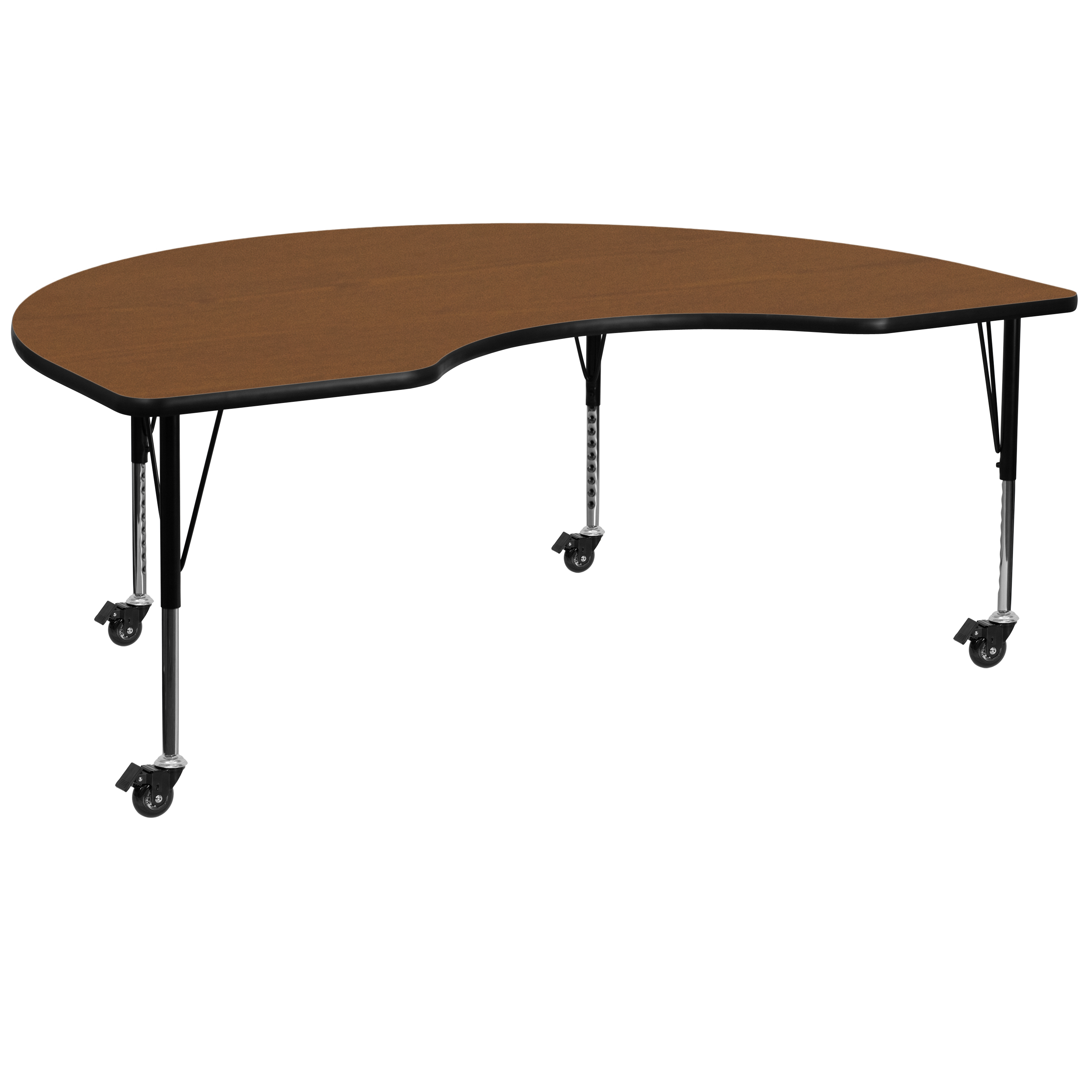 Flash Furniture XU-A4896-KIDNY-OAK-H-P-CAS-GG Mobile 48''W x 96''L Kidney Oak Laminate Height Adjustable Activity Table, Short Legs
