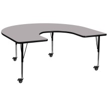 Flash Furniture XU-A6066-HRSE-GY-T-P-CAS-GG Mobile 60''W x 66''L Horseshoe Gray Laminate Height Adjustable Activity Table, Short Legs