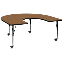 Flash Furniture XU-A6066-HRSE-OAK-T-P-CAS-GG Mobile 60''W x 66''L Horseshoe Oak Laminate Height Adjustable Activity Table, Short Legs