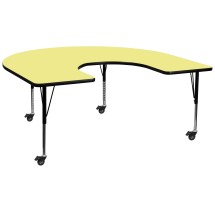 Flash Furniture XU-A6066-HRSE-YEL-T-P-CAS-GG Mobile 60''W x 66''L Horseshoe Yellow Laminate Height Adjustable Activity Table, Short Legs